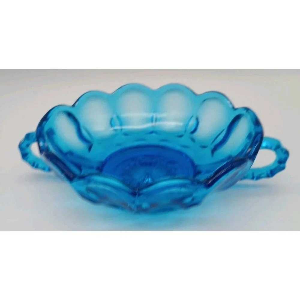 Vintage Anchor Hocking Fairfield Aqua Blue 2 Handle Nappy Candy Nut Dish Bowl